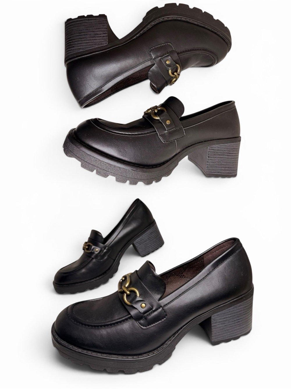 White Mountain Booster Lug Sole Heeled Loafers Black Horsebit 8.5